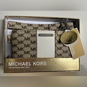 NWT Michael Kors Adjustable Belt Bag Brown White Monogram L/XL